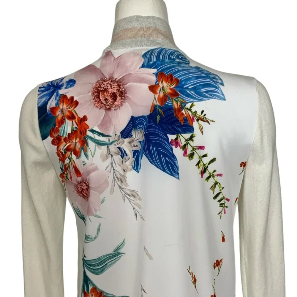 Ted Baker Cream Floral-Back Cardigan with Pastel Stripe Trim, Size 1